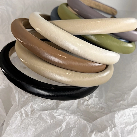 Diadema Acolchada de Cuero PU de Estilo Francés Copa Alta Esponja Gruesa Cinta para el Pelo Color Sólido Antideslizante Mujer