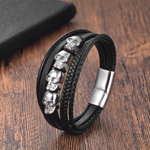 Mens Gothic Punk Multi-Layer Braided Leather Bracelet Stainless Steel Skull Magnetic Clasp Wristband Jewelry Gift