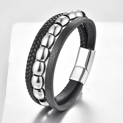 Pulsera Multicapa para Hombre de Cuero Auténtico Trenzado y Acero Inoxidable 316L Casual Pulido con Cierre Magnético Joyería