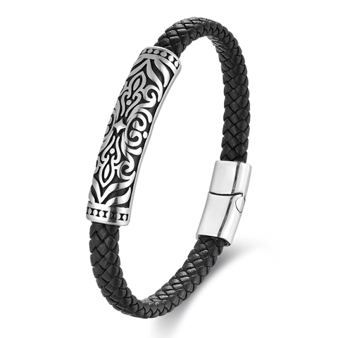 Pulsera De Cuero Trenzado Punk Retro Para Hombre Con Cierre Magnético De Acero 316L Joyería Con Tótem Tribal Tallado Diario