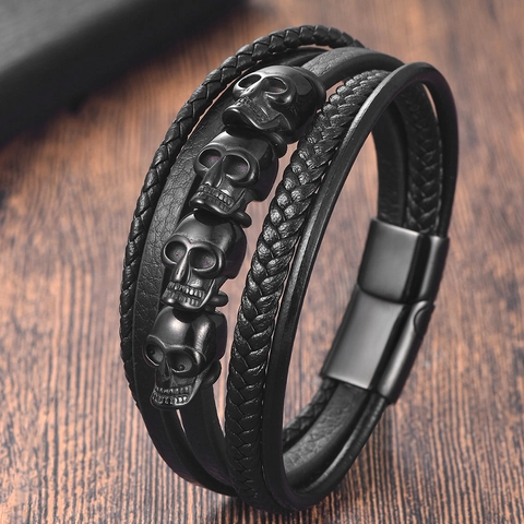 Mens Gothic Punk Multi-Layer Braided Leather Bracelet Stainless Steel Skull Magnetic Clasp Wristband Jewelry Gift