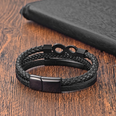 Bracciale da Uomo in Pelle con Simbolo dell'Infinito Acciaio Inossidabile 316L Intrecciato Multistrato Chiusura Magnetica Nero