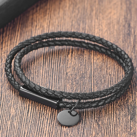 Unisex Double Wrap Braided Leather Bracelet With 316L Stainless Steel Magnetic Clasp Round Pendant Punk Fashion Jewelry