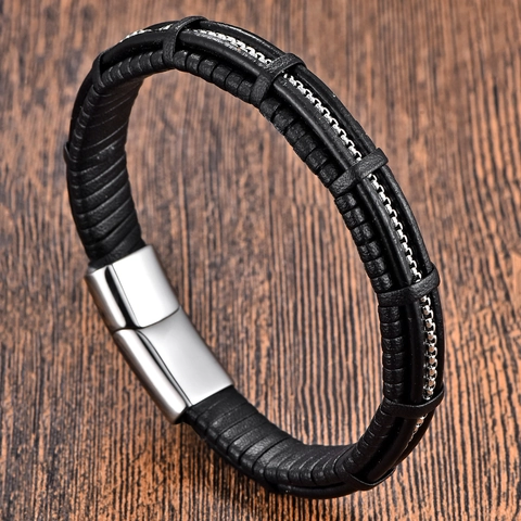 Men's Braided Genuine Cowhide Leather Bracelet With 316L Stainless Steel Magnetic Buckle Industrial Punk Style Wristband