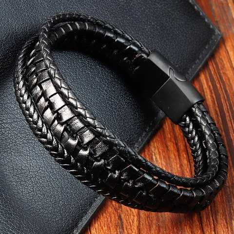 Pulsera de Cuero Trenzado para Hombre Cierre Magnético de Acero Inoxidable 316L Cuerda Multicapa Punk Rock Joyería