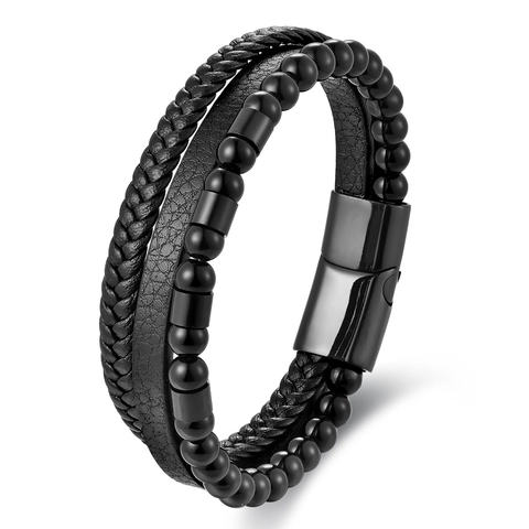 Pulsera de Cuero Genuino para Hombre Acero Inoxidable 316L Trenzado Multicapa Cuentas de Piedra Cierre Magnético Joyería