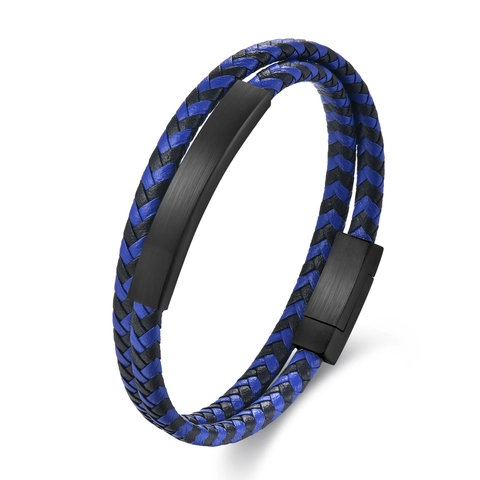 Herren Armband Aus Echtem Leder Geflochten Edelstahl Magnetschnalle Blau Schwarz Zweilagig Rindsleder Punk Schmuck