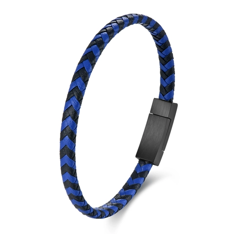 Herren Armband Aus Echtem Leder Geflochten Edelstahl Magnetschnalle Blau Schwarz Zweilagig Rindsleder Punk Schmuck