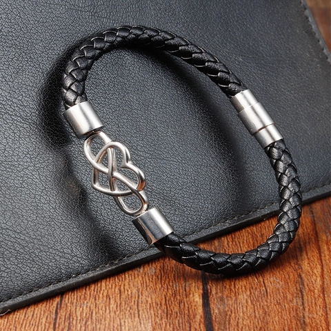 Men Genuine Leather Braided Bracelet With Stainless Steel Infinity Heart Magnetic Clasp Fashion Multi Layer Jewelry Gift