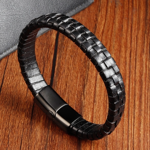Heren Zwart Gevlochten Rundleer Armband Met 316L Roestvrijstalen Magneetsluiting Dubbellaags Geometrische Handgemaakte Bangle Sieraden