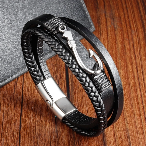 Pulsera de Cuero Multicapa para Hombre Anzuelo de Acero Inoxidable Cordón Trenzado Cierre Magnético Joyería Vintage Punk