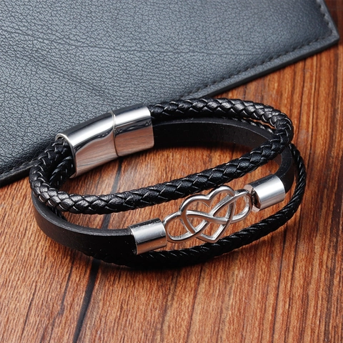 Pulsera Trenzada de Cuero Genuino de Varias Capas para Hombre Con Cierre Magnético de Acero Inoxidable 316L Corazón Infinito Negro Plata Joyería