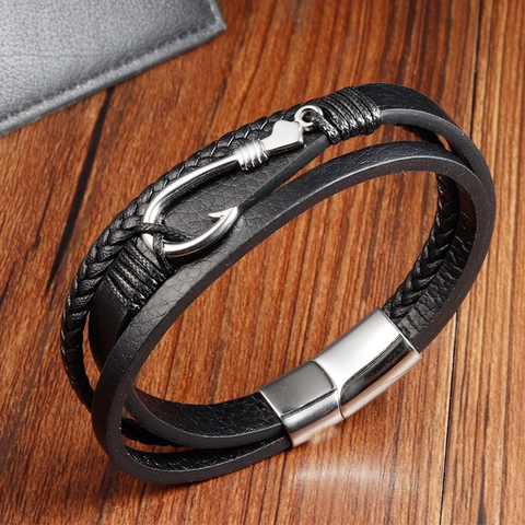 Pulsera de Cuero Multicapa para Hombre Anzuelo de Acero Inoxidable Cordón Trenzado Cierre Magnético Joyería Vintage Punk