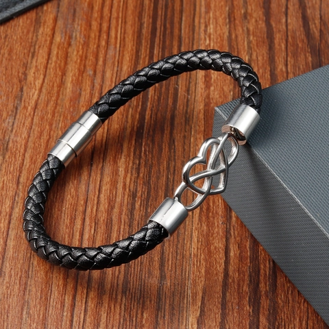 Men Genuine Leather Braided Bracelet With Stainless Steel Infinity Heart Magnetic Clasp Fashion Multi Layer Jewelry Gift