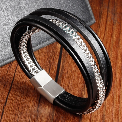 Pulsera Trenzada Multicapa de Cuero Genuino y Acero Inoxidable para Hombre Punk Negro Cierre Magnético Joyería Tejida a Mano Geométrica