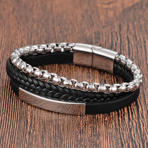 Men's Multi-layer Stainless Steel Leather Bracelet Braided Rope Box Chain Magnetic Clasp Punk Industrial Jewelry Bangle Gift
