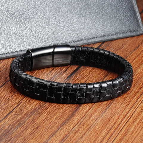 Heren Zwart Gevlochten Rundleer Armband Met 316L Roestvrijstalen Magneetsluiting Dubbellaags Geometrische Handgemaakte Bangle Sieraden