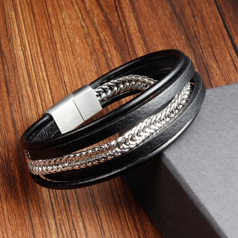 Pulsera Trenzada Multicapa de Cuero Genuino y Acero Inoxidable para Hombre Punk Negro Cierre Magnético Joyería Tejida a Mano Geométrica