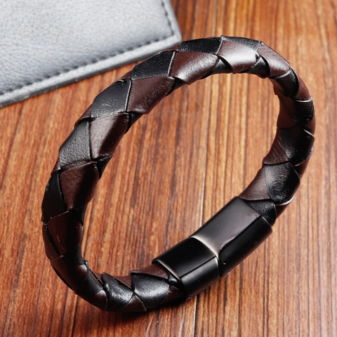Braccialetto da Uomo in Vera Pelle Intrecciata Con Chiusura Magnetica in Acciaio Inossidabile Doppio Strato Fatto a Mano Gioielli