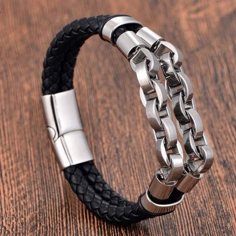 Men's 316L Stainless Steel Double Layer Genuine Leather Braided Bracelet With Cuban Chain Metal Magnetic Clasp Punk Fashion Jewelry