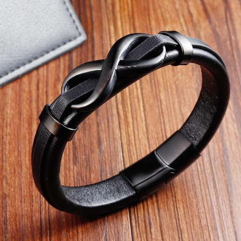 Herren Schwarzes Leder Seil Armband Doppellagig Edelstahl Rindsleder Geflochten Armband Unendlichkeitssymbol Poliert Schmuck