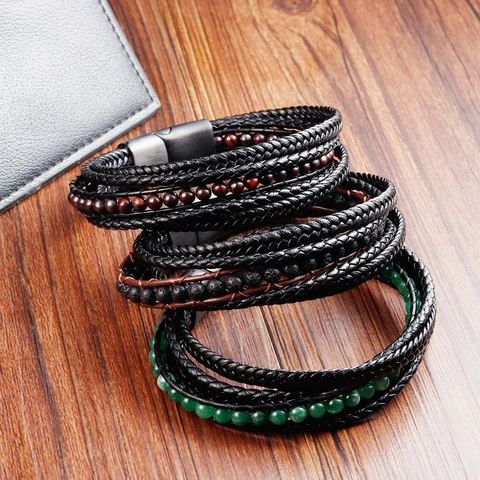 Men's Multi-layer Woven Leather Bracelet Stainless Steel Magnetic Clasp Genuine Cowhide Leather Natural Stone Beads Bracelet Fashion Punk Jewelry Gift