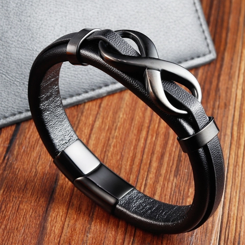 Herren Schwarzes Leder Seil Armband Doppellagig Edelstahl Rindsleder Geflochten Armband Unendlichkeitssymbol Poliert Schmuck