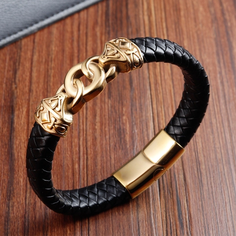 Pulsera de Cuero de Vaca Trenzado Vintage para Hombre Con Cierre Magnético de Acero Inoxidable 316L Joyería Tallada Nórdica