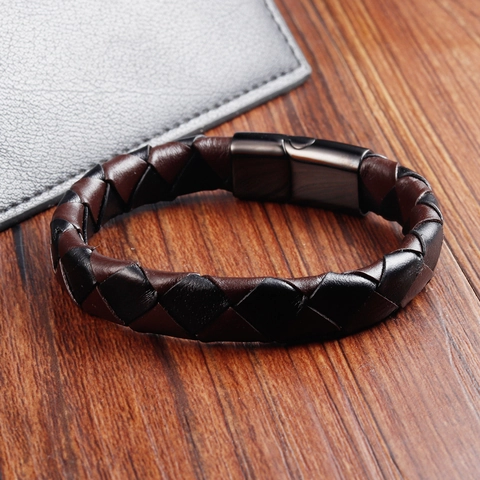 Braccialetto da Uomo in Vera Pelle Intrecciata Con Chiusura Magnetica in Acciaio Inossidabile Doppio Strato Fatto a Mano Gioielli