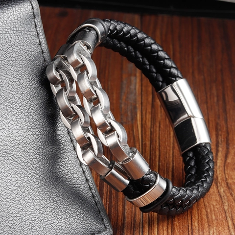 Men's 316L Stainless Steel Double Layer Genuine Leather Braided Bracelet With Cuban Chain Metal Magnetic Clasp Punk Fashion Jewelry