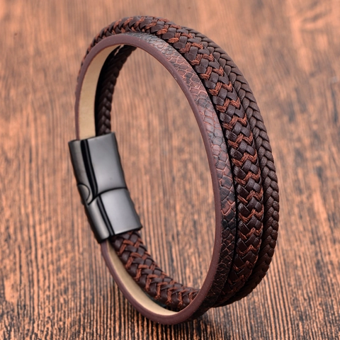 Men Vintage Multi Layer Genuine Leather Bracelet Stainless Steel Magnetic Clasp Braided Cowhide Punk Fashion Jewelry