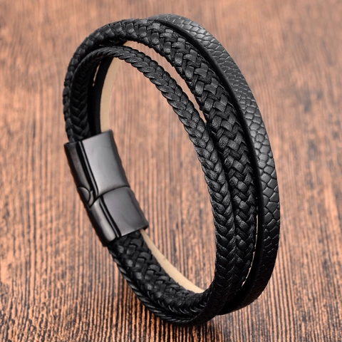 Men Vintage Multi Layer Genuine Leather Bracelet Stainless Steel Magnetic Clasp Braided Cowhide Punk Fashion Jewelry
