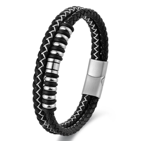 Men Double Layer Braided Genuine Leather Bracelet With Stainless Steel Magnetic Clasp Cowhide Multi-layer Handwoven Jewelry