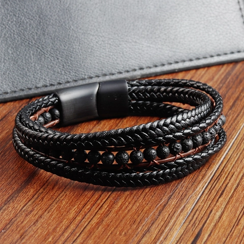 Men's Multi-layer Woven Leather Bracelet Stainless Steel Magnetic Clasp Genuine Cowhide Leather Natural Stone Beads Bracelet Fashion Punk Jewelry Gift