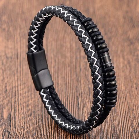 Men Double Layer Braided Genuine Leather Bracelet With Stainless Steel Magnetic Clasp Cowhide Multi-layer Handwoven Jewelry