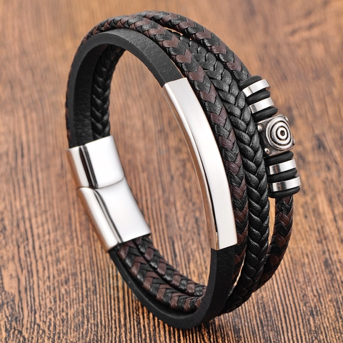 Vintage Mens Multi-layer Woven Leather Bracelet Stainless Steel Magnetic Clasp Punk Black Braided Wristband Bangle
