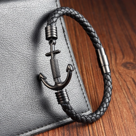Pulsera Náutica de Cuero de Vaca Trenzado para Hombre con Ancla Cierre Magnético de Acero Inoxidable Multicapa Joyería Artesanal