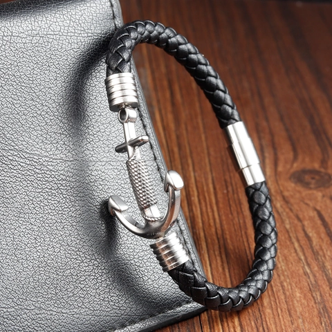 Pulsera Náutica de Cuero de Vaca Trenzado para Hombre con Ancla Cierre Magnético de Acero Inoxidable Multicapa Joyería Artesanal