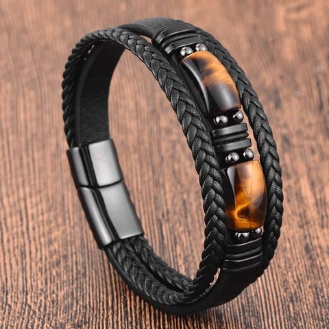 Bracciale da Uomo Multistrato in Vera Pelle Acciaio Inossidabile Chiusura Magnetica Pietra Occhio di Tigre Punk Vintage Gioielli