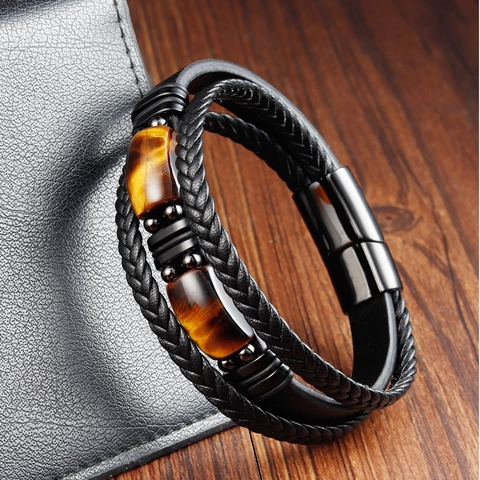 Bracciale da Uomo Multistrato in Vera Pelle Acciaio Inossidabile Chiusura Magnetica Pietra Occhio di Tigre Punk Vintage Gioielli