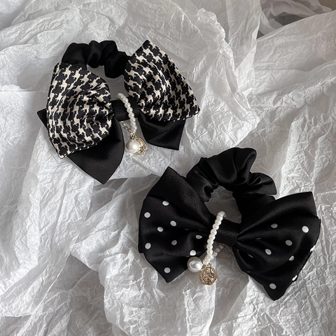 Elastici per Capelli in Stile Francese con Fiocco Pois Pied de Poule Scrunchies Eleganti Perle Artificiali Accessori per Capelli