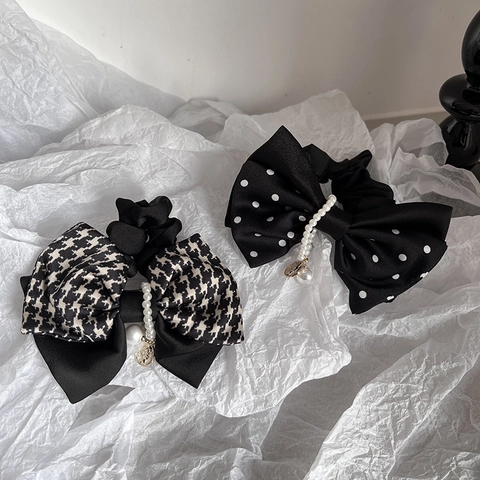 Elastici per Capelli in Stile Francese con Fiocco Pois Pied de Poule Scrunchies Eleganti Perle Artificiali Accessori per Capelli