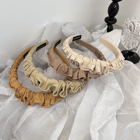 French Vintage Pleated Satin Headband For Women Elegant Solid Color Scrunchie Style Wide Hairband Fashion Hair Accessories