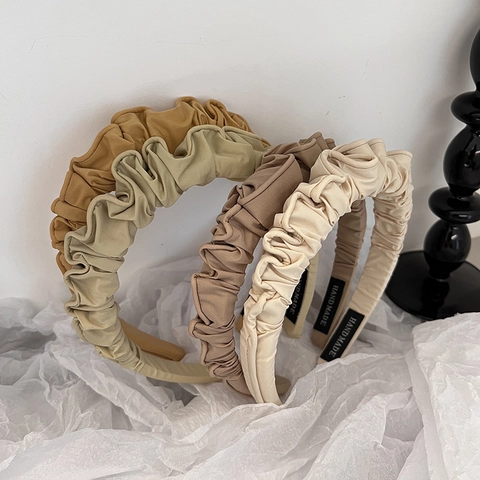 French Vintage Pleated Satin Headband For Women Elegant Solid Color Scrunchie Style Wide Hairband Fashion Hair Accessories