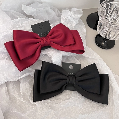 Elegant Large Satin Bow Hair Clip For Women Korean Style Solid Color Fabric Bowknot Spring Clip High Quality Headwear