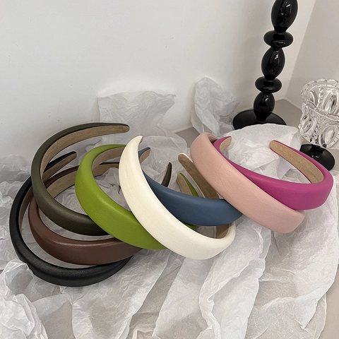 Diadema Acolchada Cuero PU Textura Litchi Parte Superior Craneal Alta Lado Ancho Dulce Moda Accesorios Cabello Mujer