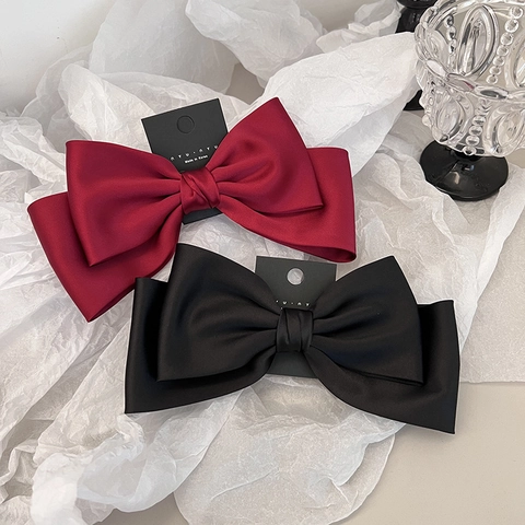 Elegant Large Satin Bow Hair Clip For Women Korean Style Solid Color Fabric Bowknot Spring Clip High Quality Headwear