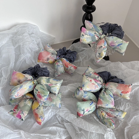Koreanischer Stil Übergroße Schleife Haargummi Bunte Aquarell Blumendruck Stoff Elastisches Haarband Für Damen Elegante Haar-Accessoires