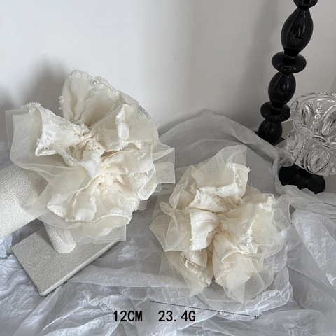 Elegante Scrunchie in Pizzo e Rete Beige Crema Stile Coreano Con Decorazione in Perla Artificial Sintetica Elastico Grande Doppia Strato Donna