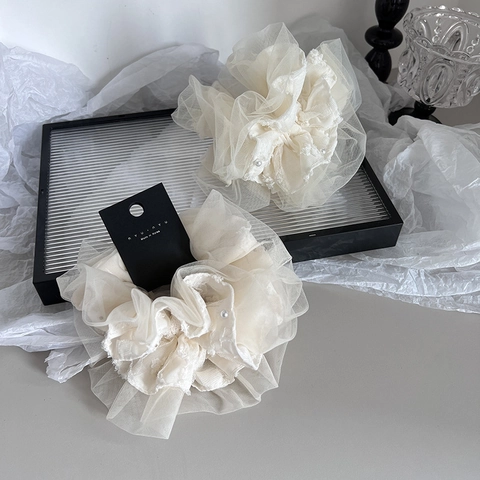 Elegante Scrunchie in Pizzo e Rete Beige Crema Stile Coreano Con Decorazione in Perla Artificial Sintetica Elastico Grande Doppia Strato Donna
